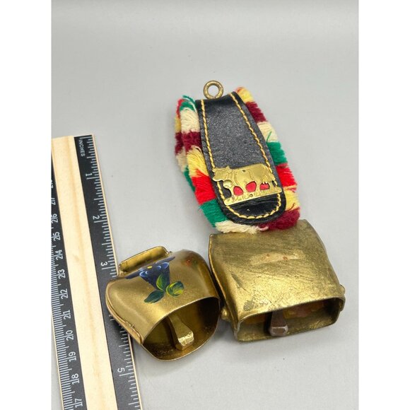 Vintage Primitive Brass Cowbells One with Leather Straps One Hand Painted - Picture 8 of 8